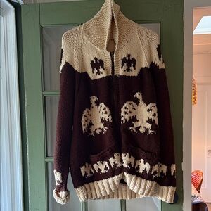 Vintage Cowichan sweater Brown and Cream Knit Cardigan with Eagle Design